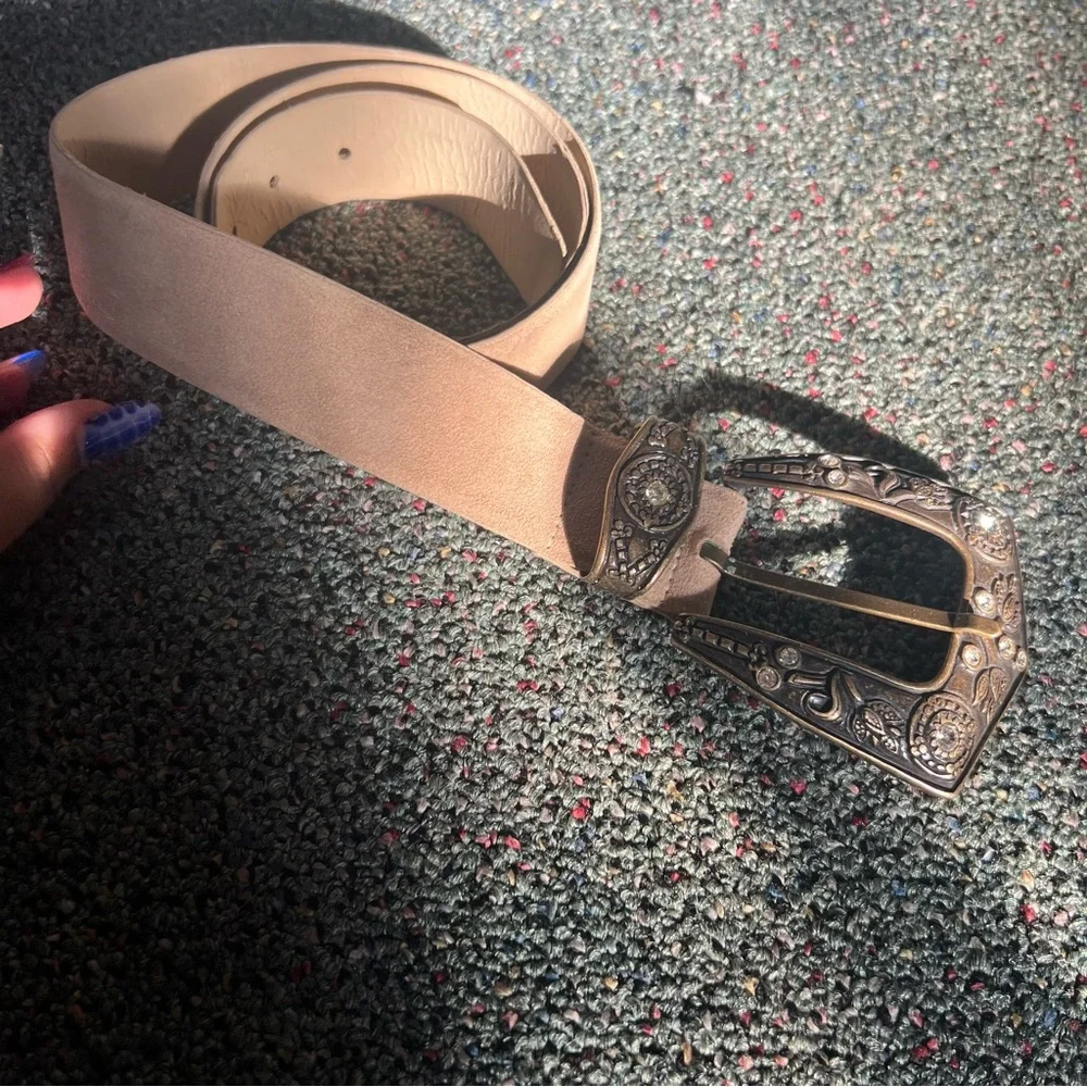 Big Buckle Brass Country Ranch Western Style Tan Suede Thick Belt Accessory L-XL